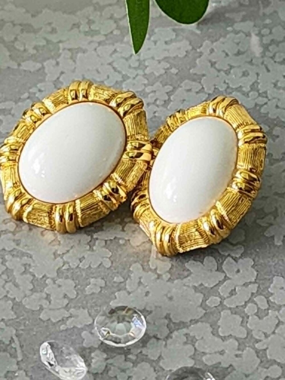 Vintage Monet White Mabe Pearl Cabochon Clip-On Earrings Gold Tone Signed